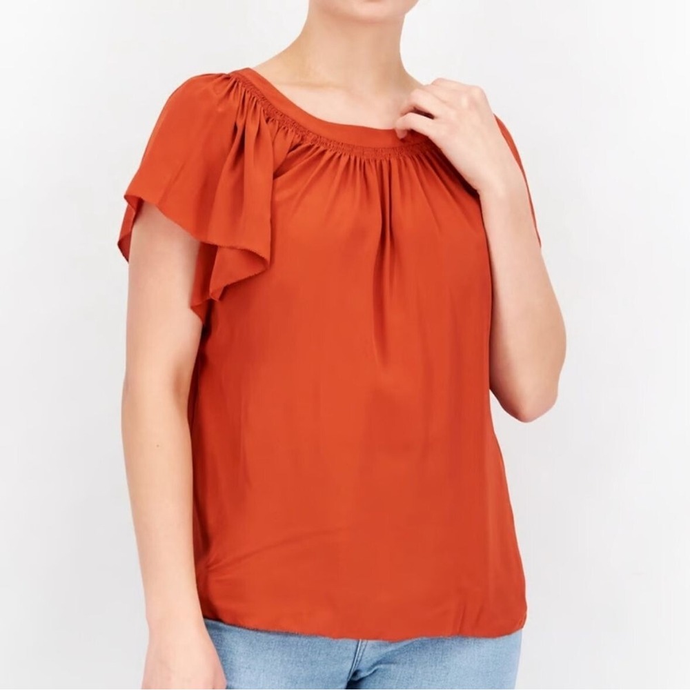 Rebecca Taylor Ruched Blouse 100% Silk Pomodoro Orange Tie Back Scoop Neck Top S